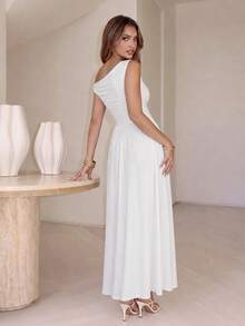PARTHEA Elegant White Off‑Shoulder Maxi Dress, Ruched Waist High Waist A‑Line Flowy Long Dress For Wedding Party - White - View 2