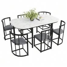 6-Chair Dining Table Set: (White Table, Chairs With Backrests And Gray Cushions, Black Iron Frame), Dining Table And Chair Set, Modern Dining Table Combination (Previous Sku:308399408AAS) - Black + MDF - View 6