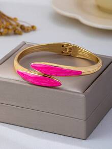 1pc Fashionable Personalized Versatile Gold-Plated & Artificial Oil-Drip Rose Red Geometric Pointed Line Shape Women's Bracelet - Hot Pink - View 2