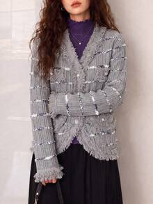 Women's Autumn/Winter Casual Elegant Slouchy Fringed Design Knit Cardigan Sweater Jacket - Light Grey - View 3