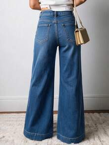 Blue Gradient Distressed Denim Wide Leg High Waist Loose Fit Jeans With Wide Hem - Blue - View 4