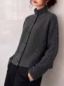 Women's Autumn/Winter Casual Minimalist New Floral Yarn Design Sweater Cardigan - Dark Grey - View 3