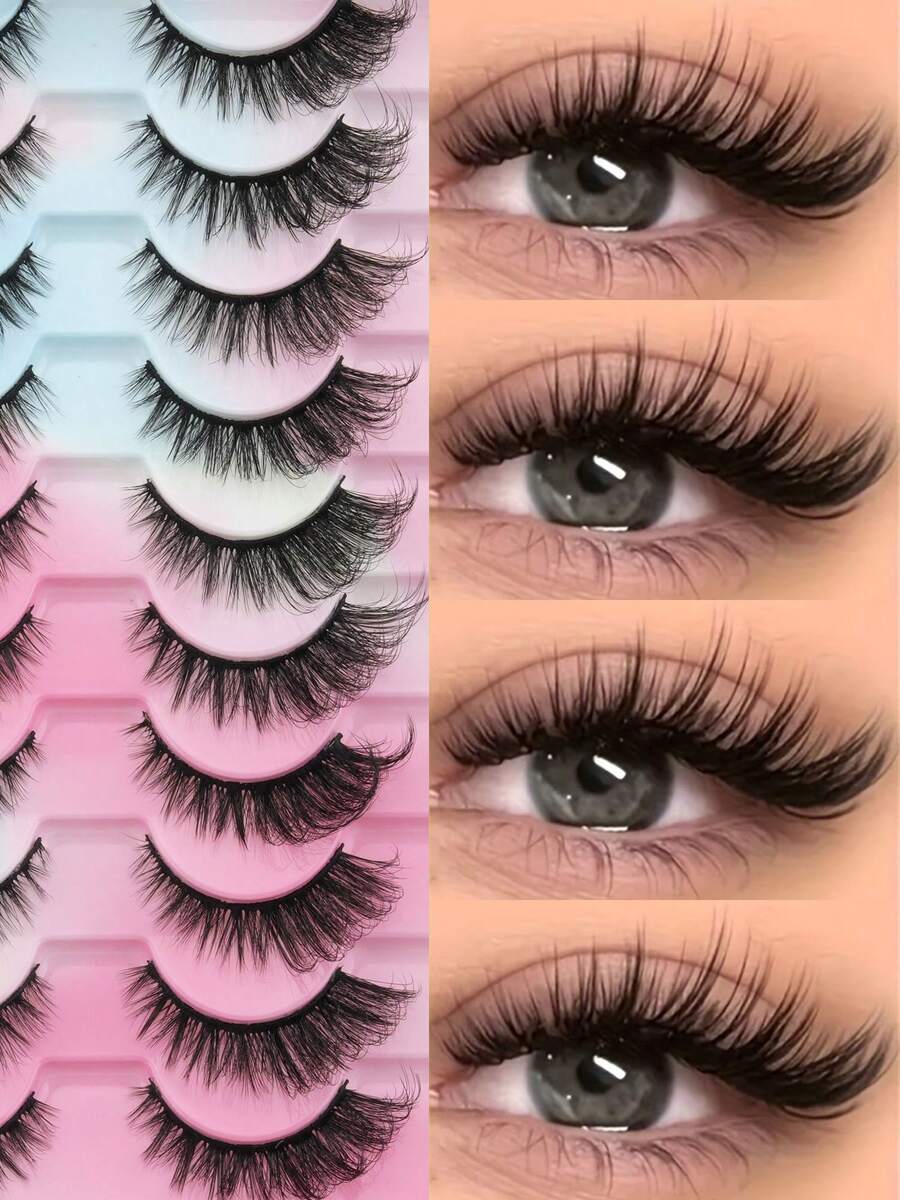 10 Pairs Of Natural Fluffy False Eyelashes, Imitation Mink Cat Eye False Eyelashes, Natural Fluffy Curly Thick False Eyelashes, Essential For Makeup Travel, Easy To Wear, Suitable For Beginners, Suitable For All Places, Eyelashes, False Eyelashes - Black - View 1