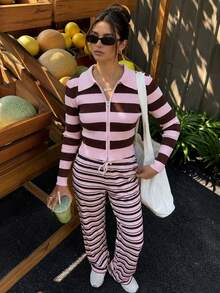 MORI Women's Y2K Pink Chocolate Striped Full Zip Lapel Long Sleeve Slim Fit Ribbed Knit Cropped Cardigan Sweater Top Set, Autumn/Winter Fall - Pink and Brown - View 1