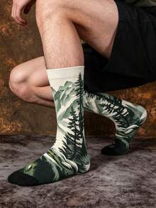 1/3 Pairs Mountain Hiker Creative Landscape Print Mid-Calf Socks, Christmas Holiday Outdoor Style Men's Socks - Multicolor - View 2