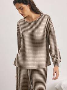 Ocili Striped Print Drop Shoulder Lounge Top PJ Set Sleep Pants - Khaki - View 6
