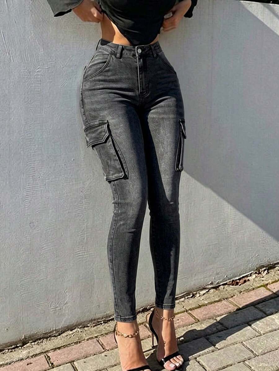 Celana Jeans Kargo Skinny Elastis Multi-Saku Gaya Y2K untuk Wanita - Abu-abu Tua - View 1