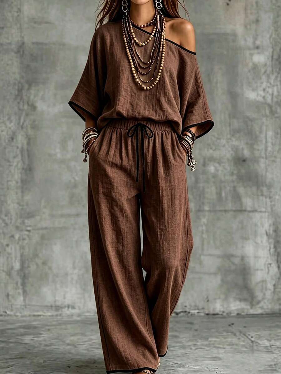 Elegant Commuter Colorblock Patchwork Design, Asymmetrical Shoulder Loose Top, Paired With Straight Leg Pants, Slanted Pockets, Woven Solid Color, Women's 2 Pieces Set - Coffee Brown - View 1
