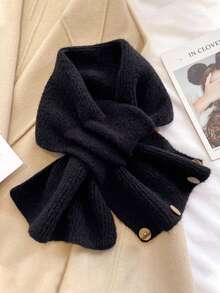 1pc Women's Short Cross-Knit Scarf, Colorblock Neck Warmer, Winter Warm Button Neck Scarf, Solid Color Simple Casual Versatile Neck Warmer - Multicolor - View 9