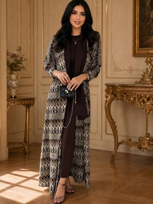 Vintage Geometric Wave Print Long Cardigan Abaya, Loose Long Sleeve Middle Eastern Outerwear Robe With Hijab