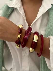 4pcs/1pc Vintage Elegant Bohemian Style Women's Rose Red Acrylic Beaded Elastic Bracelet Bangle Suitable For Women's Daily, Party And Vacation Wear, Stackable, Giftable - Hot Pink - View 5