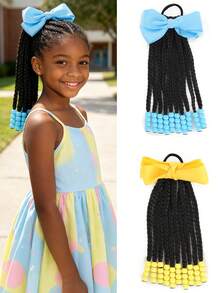 1pc Kids Black Curly Ponytail Wig With Beads, Elastic Synthetic Hair Extension - Multicolor - View 2