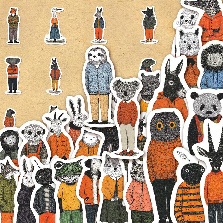 50Pcs Retro Hand‑Dressed Anthropomorphic Animal Stickers Pack, Forest Creatures In Casual Outfits Vinyl Waterproof Decals, Whimsical Folk Aesthetic Decor For Laptop Water Bottle Journal Scrapbook, Suitable For Adults And Users - Alien - View 1