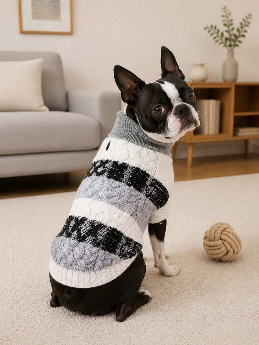1pc Classic Striped Cable Knit Dog Sweater, Soft Elastic Warm High Neck Pet Clothing, Colorblock Twisted Texture Winter Puppy Outfit, Suitable For Medium To Large Dogs Beagle Corgi Labrador Husky Golden Retriever