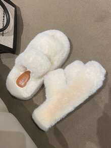 女款厚底鬆糕毛絨拖鞋，秋冬戶外穿著，熱門居家防滑保暖毛絨拖鞋 - 米色 - 查看 4