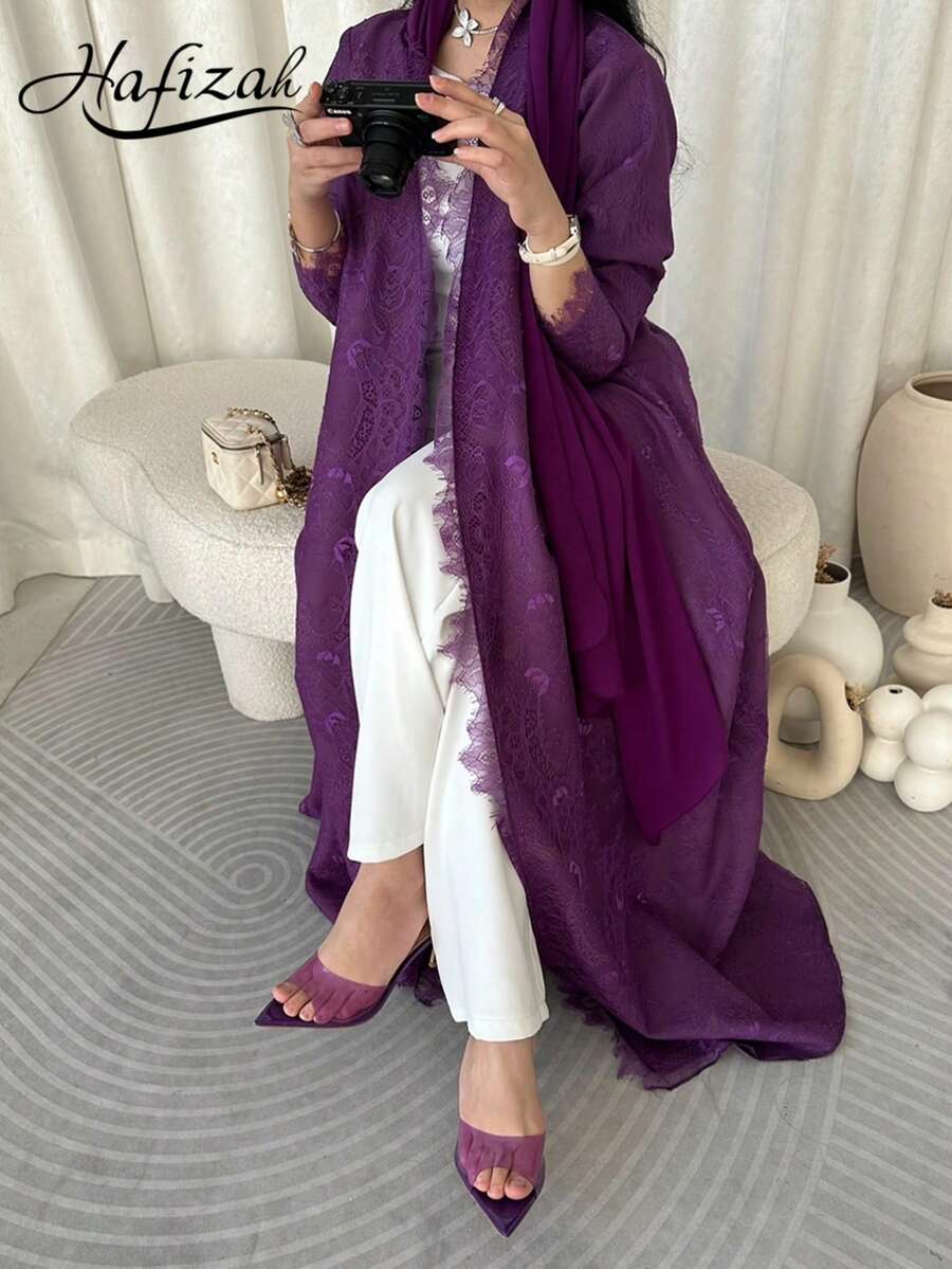 عباية نسائية طويلة فاخرة باللون البنفسجي مطرزة بالدانتيل، كارديجان خارجي من الشيفون مع حجاب، طقم من قطعتين - الأرجواني - مشاهدة 1
