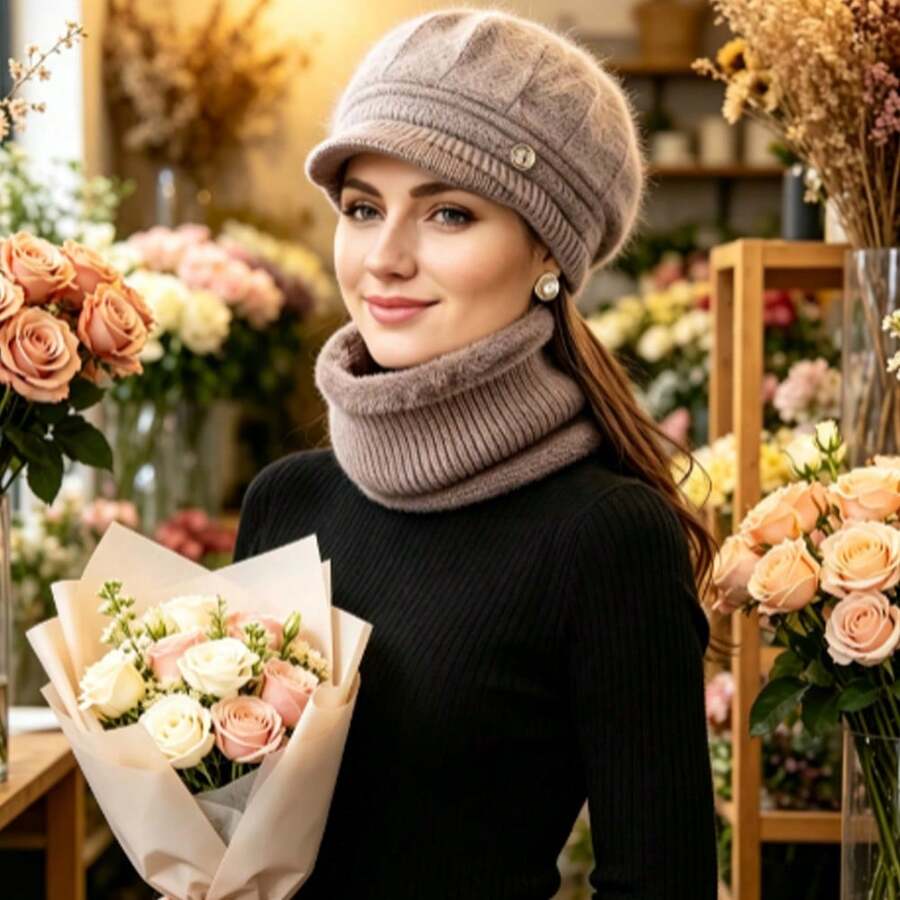 Lady's Winter Warm Lining Hat - Thick Knitted Scarf Hat For Keeping Warm In Cold Outdoor Weather - Soft Material - Warm Winter Gift - Winter Accessory, Winter Outfit - Fluffy Valentine's Day Gift - A Hat + Scarf - View 1