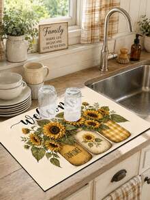 1pc Sunflower Pattern Printed Diatomaceous Earth Kitchen Dish Drying Mat, Absorbent Dish Drying Mat, Coffee Machine Mat, Dishwashing Mat, Sink Mat, Kitchen Countertop Protector, Suitable For Cups, Plates, Tableware And Kitchen Decor - Multicolor - View 11