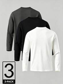 ALTZTAR Men's Spring/Autumn Loose Thin Solid Color Crew Neck Long Sleeve T-Shirt 3pcs - Multicolor - View 2