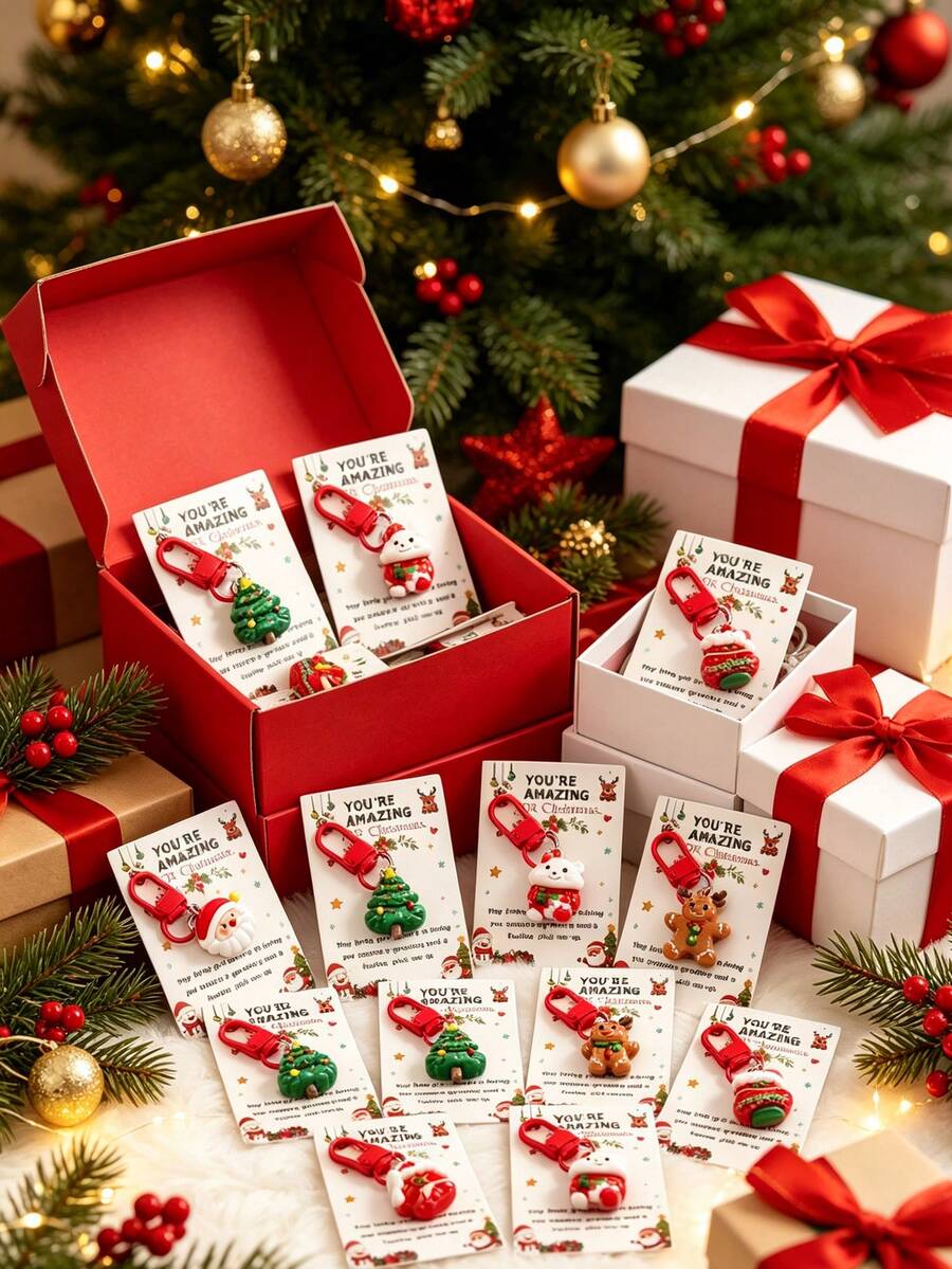 12pcs/Set Christmas Keychain Gift Set (Multiple Styles) – Includes Keychains And Thank You Cards; Suitable For Christmas Events And Party Favors. Includes Reindeer, Santa Claus, Christmas Tree And Gift Shape Pendants; Perfect For Holiday Decoration. - Multicolor - View 1