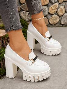 Vintage Sweet Cool White Patent Leather Shoes, Super High Block Heel Rivet Platform Loafers Height Increasing Mary Janes - White - View 1