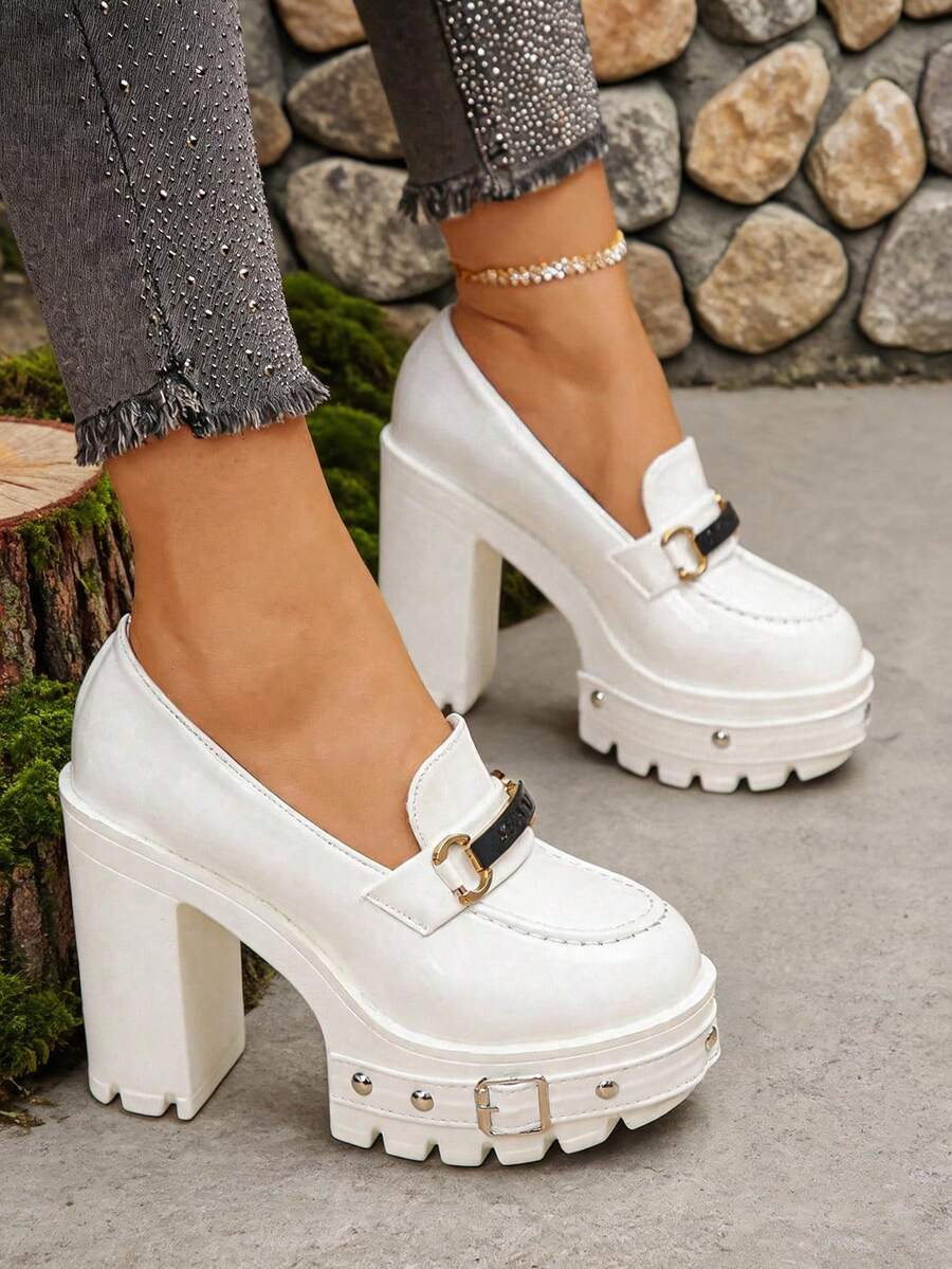 Vintage Sweet Cool White Patent Leather Shoes, Super High Block Heel Rivet Platform Loafers Height Increasing Mary Janes - White - View 1