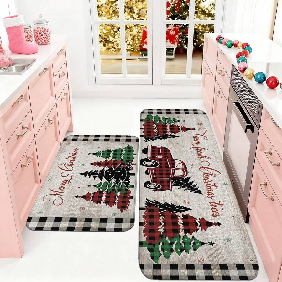 1/2/3pcs Christmas Theme Kitchen Rug, Flannel Kitchen Rug, Soft Comfortable Absorbent Non-Slip Machine Washable With Anti-Slip Backing, Suitable For Multiple Scenes: Entrance, Living Room, Bedroom, Kitchen, Dining Room, Bathroom, Laundry Room, Hallway, Christmas Holiday Home Decor Floor Mat - Multicolor - View 1