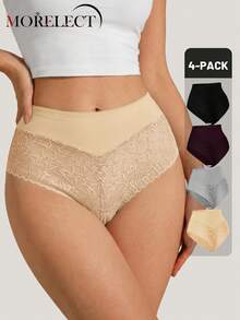 Morelect 4pcs Plus Size Women's Lace Patchwork Minimalist Thong Panties, Sexy Underwear - Multicolor - View 1