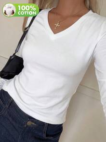 Women's Casual V-Neck Long Sleeve Top Set, Spring/Autumn - White - View 5