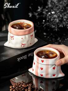 shoxil 1pc 300ml Asymmetrical Bag-Shaped Ceramic Mug, Sweet Printed Underglaze Ceramic Mug, Cute And Lightweight, Suitable For Home Tea Break, Coffee Shop Display And Indoor Daily Decoration - Multicolor - View 5