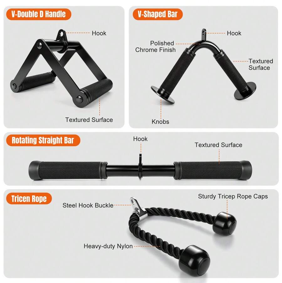 Huini Cable Machine Attachment Set, 4-Piece Set, Lat Pulldown Attachments For Home Gym Equipment, Tricep Pull Down Attachment For Home Gym Accessories, Lat Pull Down Bar And Tricep Rope Cable Attachment - V Bar, Double D Handle, Tricep Rope, Straight Bar - View 1