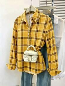 Women's Fashionable Yellow Plaid Polyester Long Sleeve Casual Shirt Spring - Yellow - View 6
