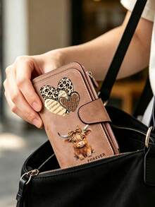 Fashionable Women's Wallet With Leopard Heart-Shaped And Highland Caw Patterns, Long Hand-Held Bag,Pocket Phone Bag That Can Store Documents - Multicolor - View 5