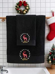 QIBHI 2/4件組 100%棉刺繡麋鹿浴巾套組，含2條浴巾與2條手巾，加厚柔軟蓬鬆，經典聖誕手帕巾禮品套裝 - 黑色 - 查看 3
