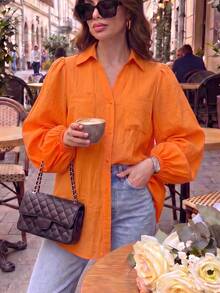 Plus Size Women's Bright Orange Blouse, Loose Fit Puff Lantern Sleeve Double Pocket Lapel Semi-Sheer Sun Protection Commuter Versatile Top - Orange - View 4