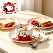 Official Authorized Snoopy Ceramic Dinnerware Set, Cute Printed Rice Bowl + Dinner Plate + Soup Spoon, Single Person Dinner Set For Home, Porcelain Tableware Gift Box, Suitable For Breakfast And Daily Use - Multicolor - View 4
