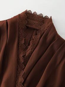 Elegant French Style Contrast Lace Draped Evening Date Spring Autumn Women's Blouse - Rust Brown - View 5