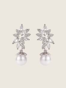 Valisandre 2pcs Set Elegant Floral Design White Zirconia Earrings - Silver - View 2