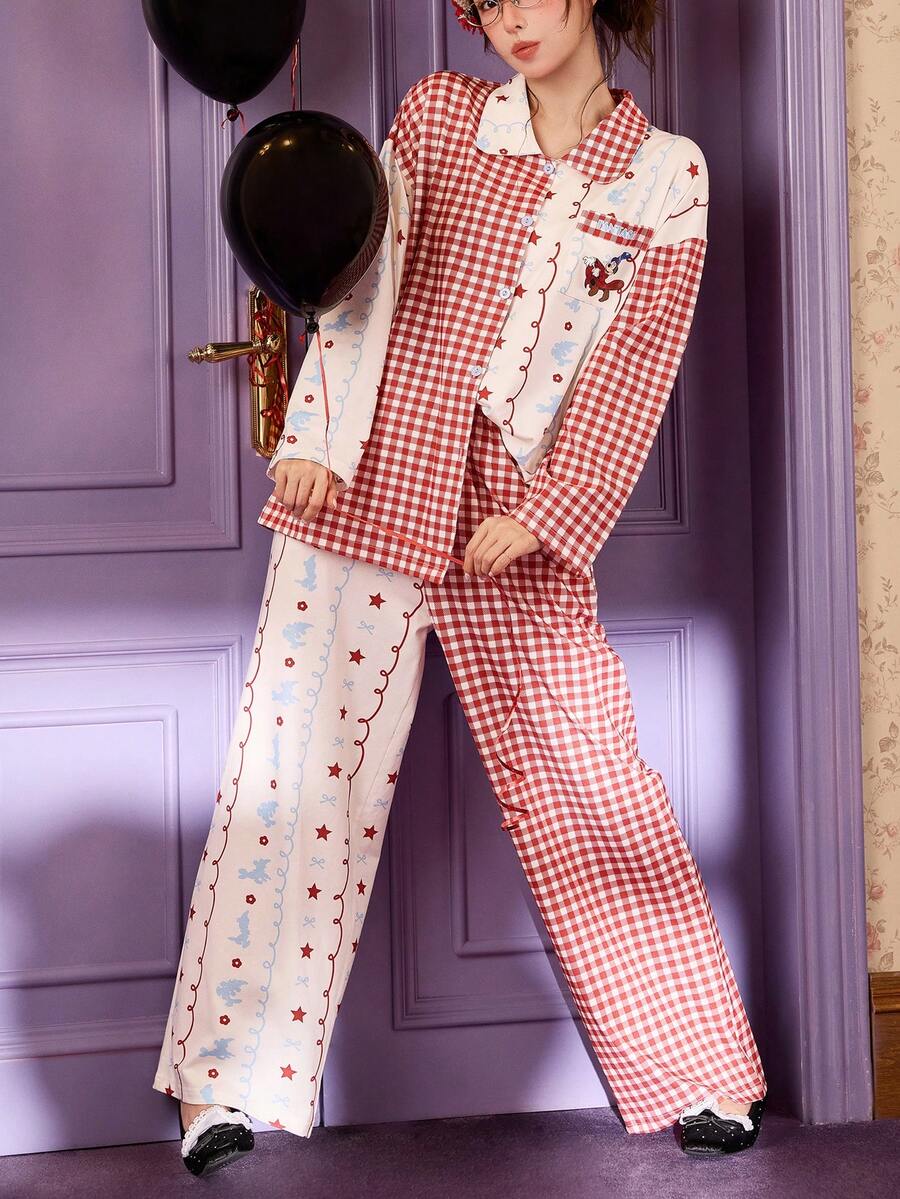 Gongdie 2 Pieces Disney Mickey Women's Pajama Set,Spring Fall Red Gingham Soft Cotton Loungewear With Pocket - Red - View 1