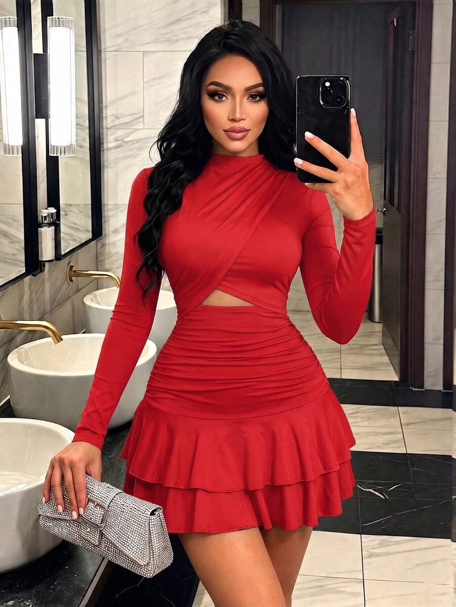 AIJ Women's Elegant Long Sleeve Short Dress, Mock Neck Waist Hollow Out Ruched Double Layer Ruffle Hem Short Dress, Red Autumn Holiday Night Out Party Dress