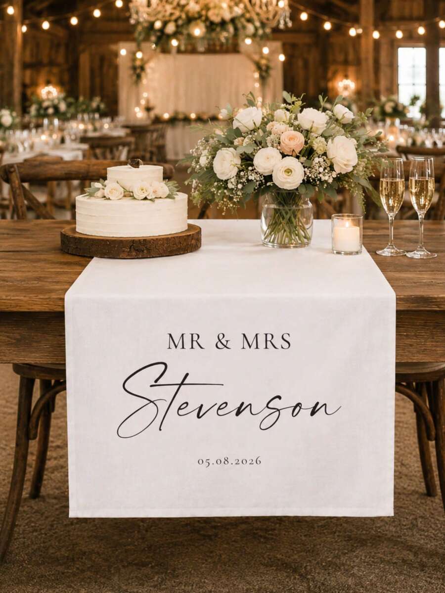 1pc Customized Text Wedding Table Runner - Personalized Surname Linen Banner Sweet Table Decor Elegant Wedding Banquet Decoration Romantic Gift For Groom & Bride Suitable For Valentine's Day Anniversary Engagement Bridal Shower Wedding Celebration - Multicolor - View 1