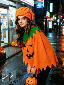 2pcs/Set Halloween Pumpkin Face Poncho Costume Set Knit Pumpkin Hat Party Outfit For Women Holiday Cosplay - Orange - View 3