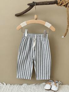 3Pcs/Set Baby Toddler Khaki White Vertical Striped Elastic Waist Drawstring Wide Leg Pants Summer Breathable Casual Children Long Pants - Multicolor - View 7