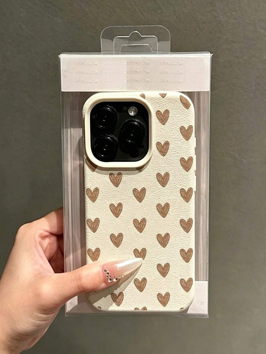 1pc Minimalist Fashion Hand-Painted Brown Heart Pattern Printed Phone Case, Compatible With Iphone 18/18 Pro/18 Pro Max/17/17 Pro/17 Pro Max/16/16 Pro Max/15/16/14/13/12/11 And Other Models, Large Hole Leather Texture Phone Case, Anti-Drop Premium Soft Shell, New Fashion Protective Case, Autumn Fashion Gift - Beige - View 1