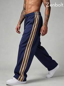 Zenbolt Men's Everyday Casual Wide Leg Pants, Adjustable Drawstring Waist, Side Contrast Stripe Webbing & Front Slant Pockets,Loose Straight Cut - Navy Blue - View 2