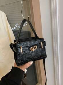 1pc Mini Solid Color Embroidered Pressed Crocodile Texture Square Bag With Turn Lock Flap, Essential Handbag, Shoulder Bag, Crossbody Bag For Shopping And Travel - Multicolor - View 15