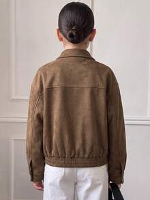 Jaket Fleece Suede Cokelat Camel Musim Dingin untuk Anak Perempuan Remaja, Pakaian Luar Serbaguna untuk Sehari-hari, Gaya Kasual Jalanan yang Modis - Coklat - View 3