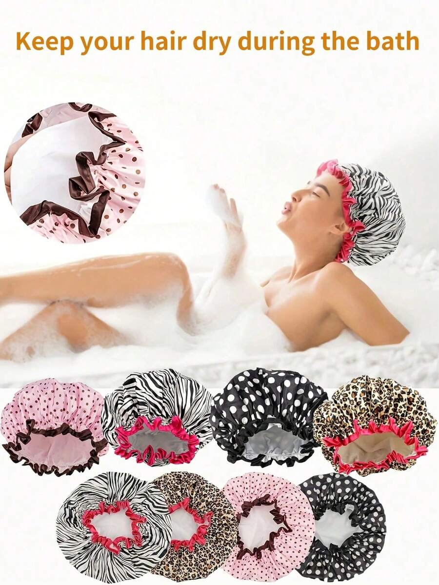 1PC Waterproof Shower Cap Leopard Print Double Layer Elastic Shower Hair Cover Reusable Wave Point Shower Cap Bathroom Supplies - View 1
