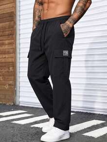 Men's Spring/Summer Streetwear Cargo Pants, Loose Straight Leg Casual Long Pants, Brand Drawstring Draped Wide Leg Trousers - Black - View 1