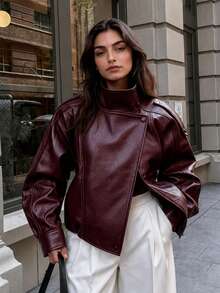 Oversized Faux Leather Biker Jacket With Funnel Neck - Burgundy - View 5